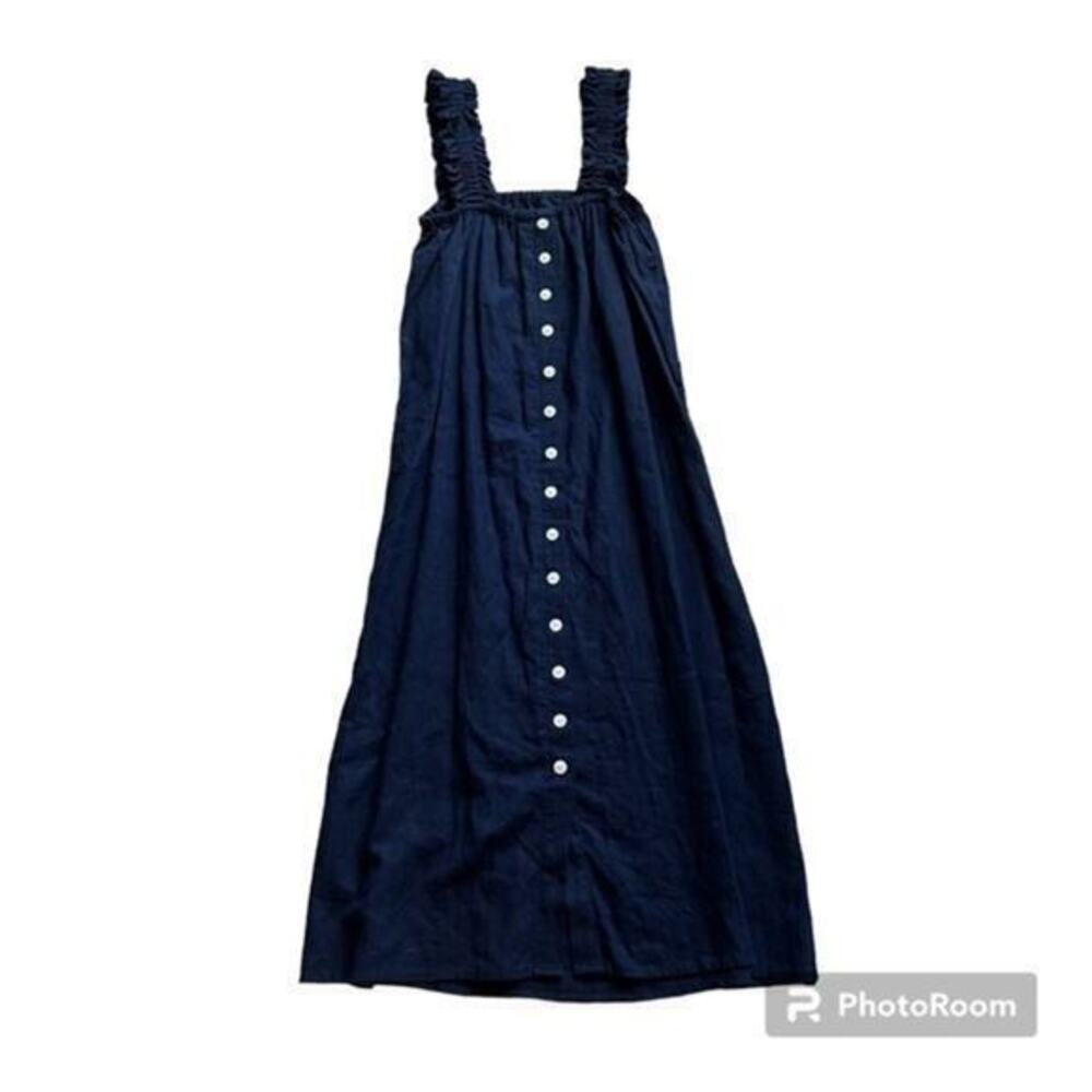 NWOT Nicole Miller navy blue linen blend ruffle sleeved midi dress